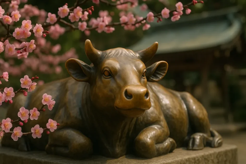 なで牛と梅の花